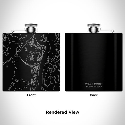 Rendered View of West Point New York Map Engraving on 6oz Stainless Steel Flask in Black