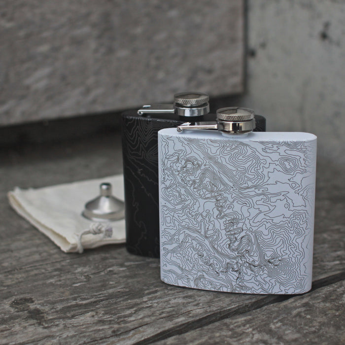 6oz Stainless Steel Flask in White with Custom Engraved Map on Table next to Canvas Bag and Funnel
