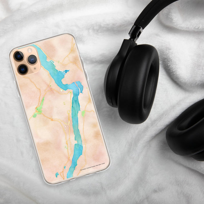 Custom West Point New York Map Phone Case in Watercolor on Table with Black Headphones