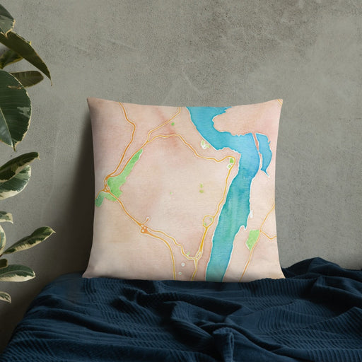 Custom West Point New York Map Throw Pillow in Watercolor on Bedding Against Wall