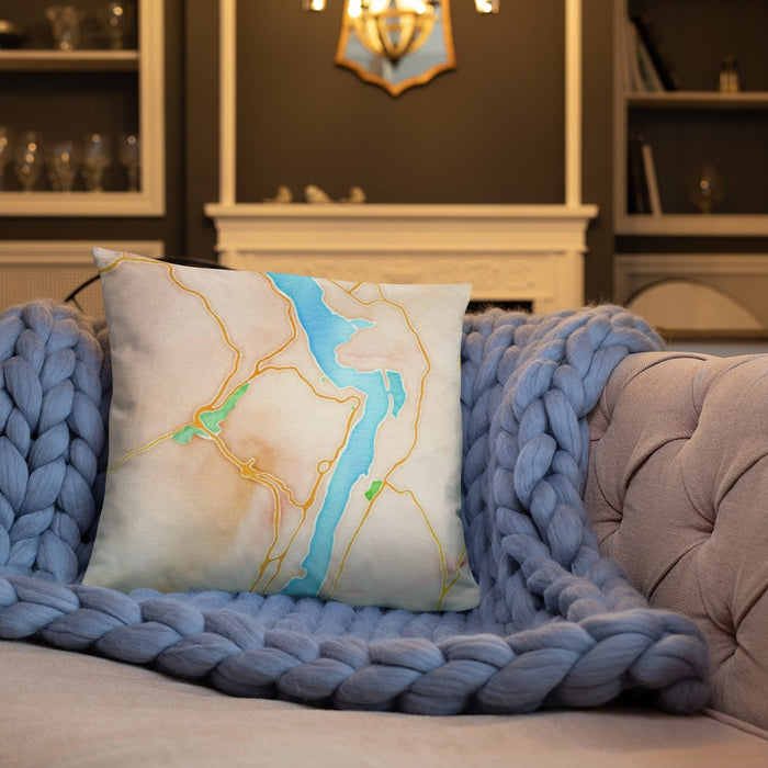 Custom West Point New York Map Throw Pillow in Watercolor on Cream Colored Couch