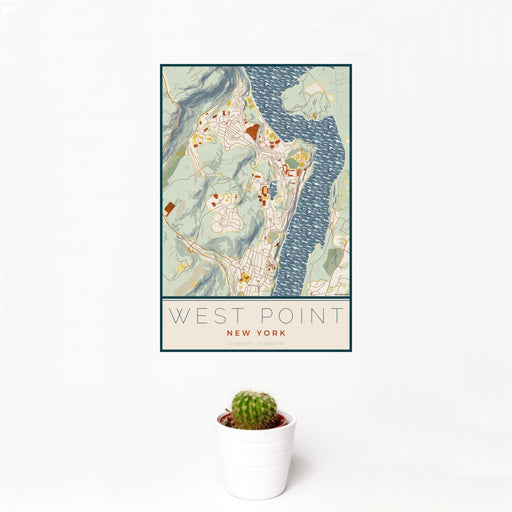 12x18 West Point New York Map Print Portrait Orientation in Woodblock Style With Small Cactus Plant in White Planter