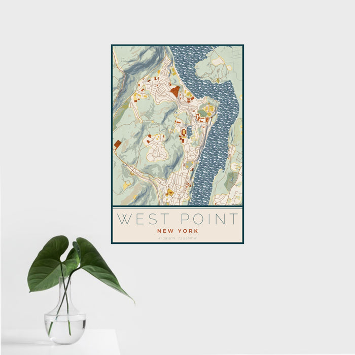 16x24 West Point New York Map Print Portrait Orientation in Woodblock Style With Tropical Plant Leaves in Water
