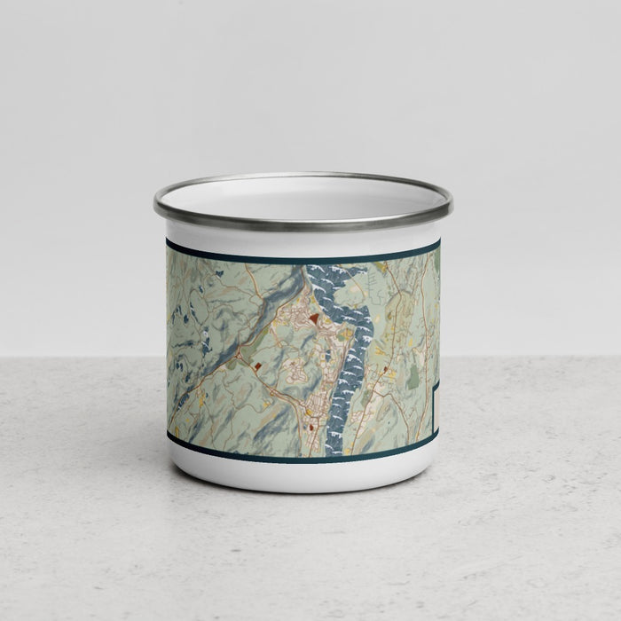 Front View Custom West Point New York Map Enamel Mug in Woodblock