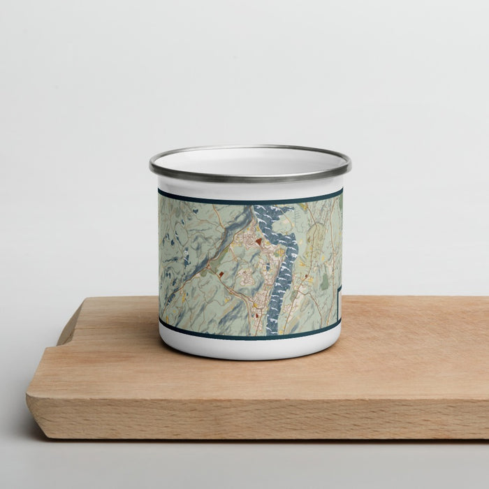 Front View Custom West Point New York Map Enamel Mug in Woodblock on Cutting Board