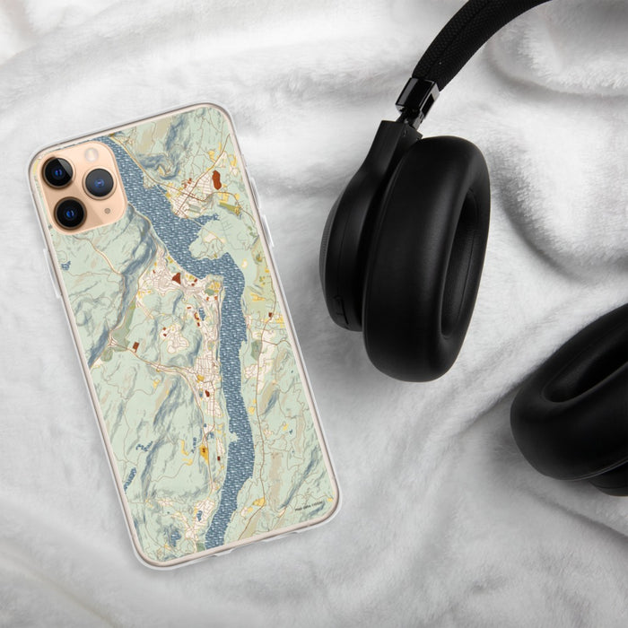 Custom West Point New York Map Phone Case in Woodblock on Table with Black Headphones