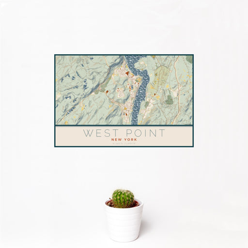 12x18 West Point New York Map Print Landscape Orientation in Woodblock Style With Small Cactus Plant in White Planter