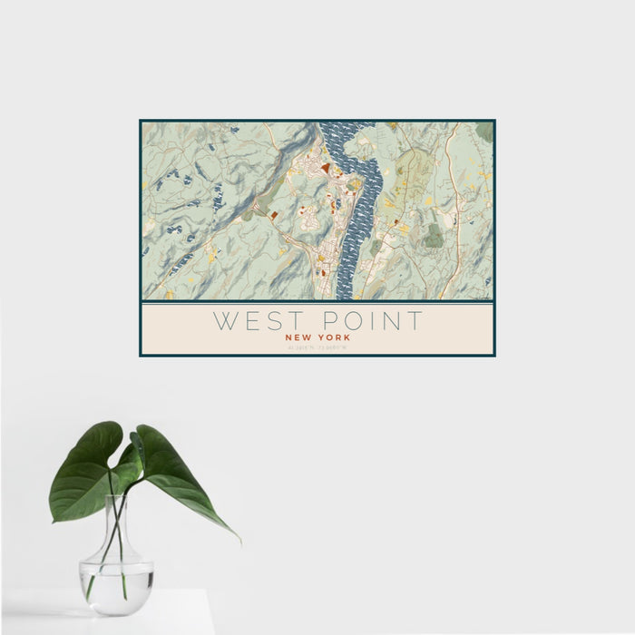 16x24 West Point New York Map Print Landscape Orientation in Woodblock Style With Tropical Plant Leaves in Water