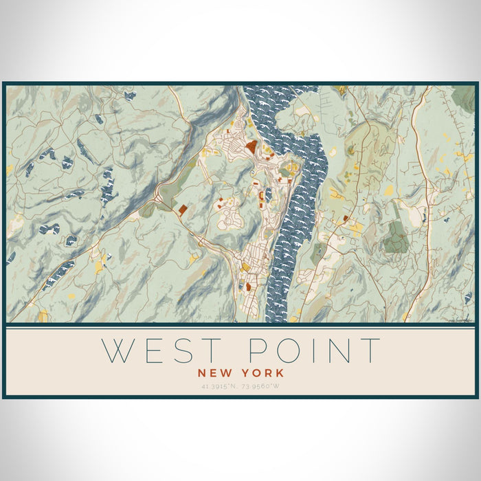 West Point New York Map Print Landscape Orientation in Woodblock Style With Shaded Background