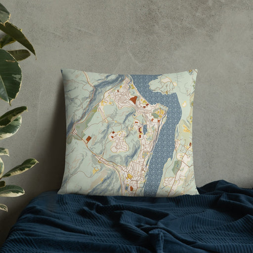 Custom West Point New York Map Throw Pillow in Woodblock on Bedding Against Wall