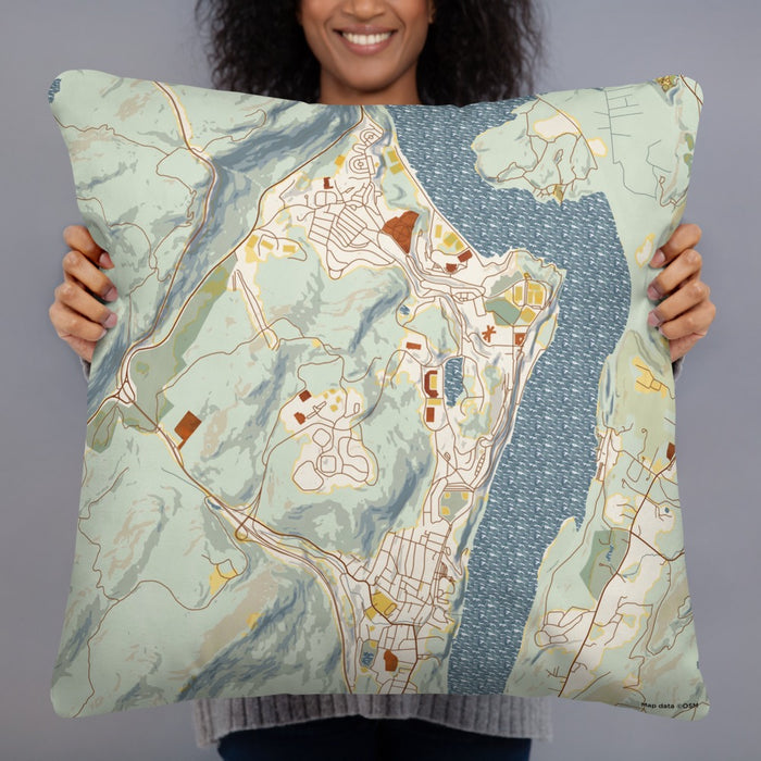 Person holding 22x22 Custom West Point New York Map Throw Pillow in Woodblock