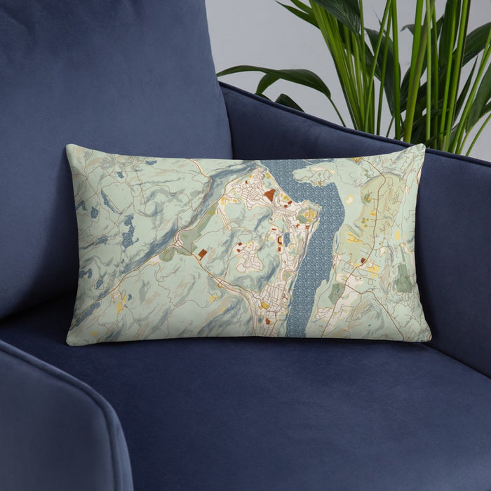 Custom West Point New York Map Throw Pillow in Woodblock on Blue Colored Chair