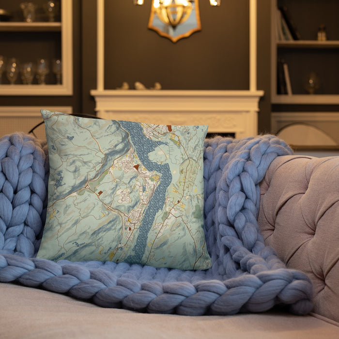 Custom West Point New York Map Throw Pillow in Woodblock on Cream Colored Couch