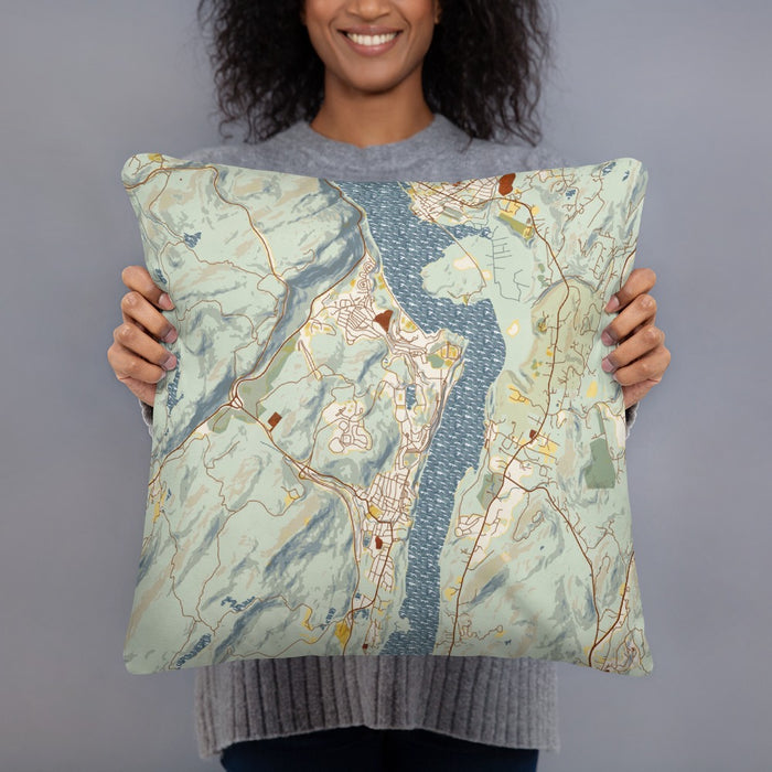 Person holding 18x18 Custom West Point New York Map Throw Pillow in Woodblock