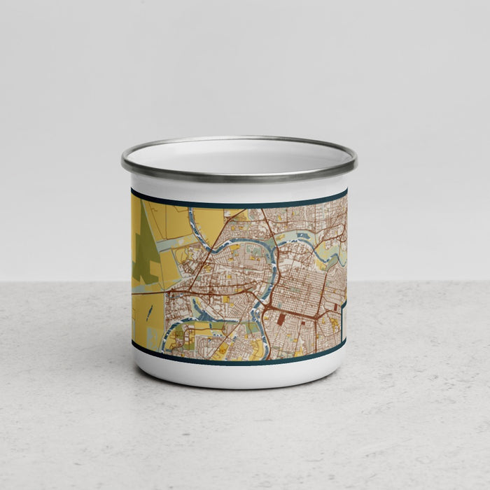 Front View Custom West Sacramento California Map Enamel Mug in Woodblock