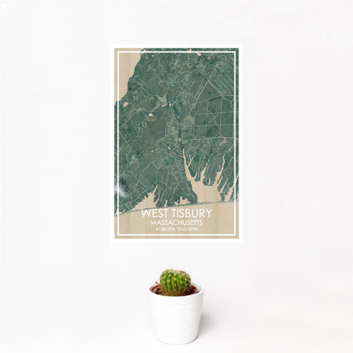 12x18 WEST TISBURY Massachusetts Map Print Portrait Orientation in Afternoon Style With Small Cactus Plant in White Planter