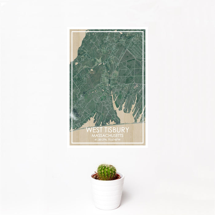 12x18 WEST TISBURY Massachusetts Map Print Portrait Orientation in Afternoon Style With Small Cactus Plant in White Planter