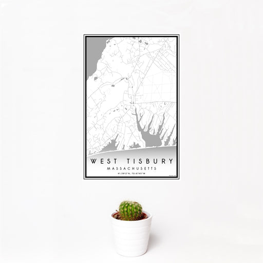 12x18 West Tisbury Massachusetts Map Print Portrait Orientation in Classic Style With Small Cactus Plant in White Planter