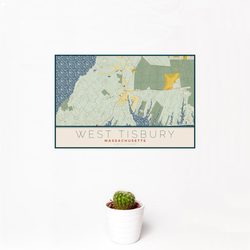 12x18 West Tisbury Massachusetts Map Print Landscape Orientation in Woodblock Style With Small Cactus Plant in White Planter