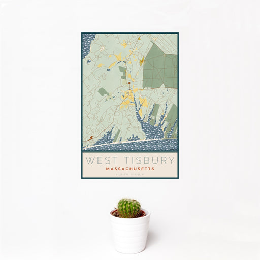 12x18 West Tisbury Massachusetts Map Print Portrait Orientation in Woodblock Style With Small Cactus Plant in White Planter