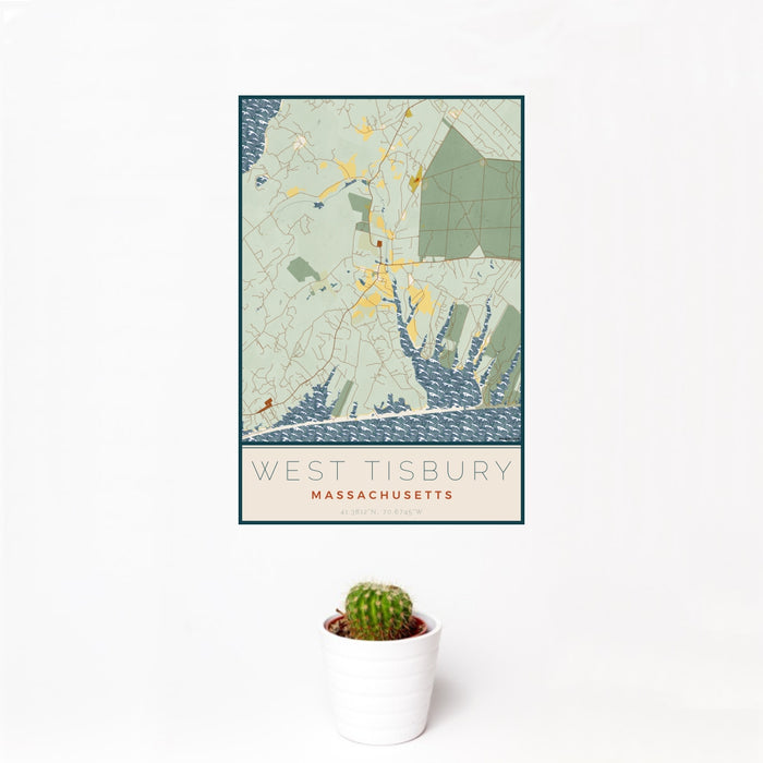 12x18 West Tisbury Massachusetts Map Print Portrait Orientation in Woodblock Style With Small Cactus Plant in White Planter