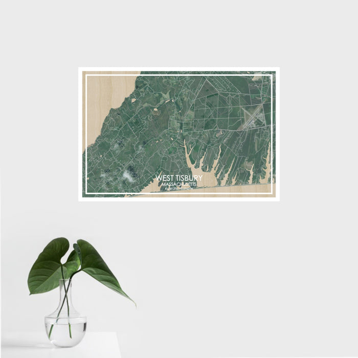 16x24 WEST TISBURY Massachusetts Map Print Landscape Orientation in Afternoon Style With Tropical Plant Leaves in Water