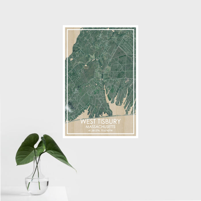 16x24 WEST TISBURY Massachusetts Map Print Portrait Orientation in Afternoon Style With Tropical Plant Leaves in Water