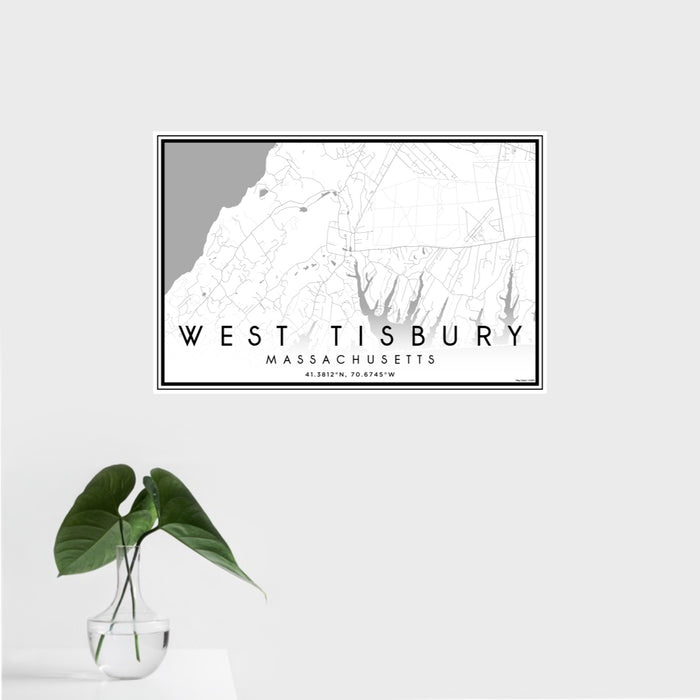 16x24 West Tisbury Massachusetts Map Print Landscape Orientation in Classic Style With Tropical Plant Leaves in Water