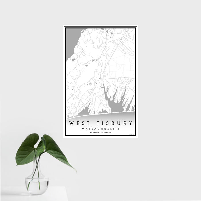 16x24 West Tisbury Massachusetts Map Print Portrait Orientation in Classic Style With Tropical Plant Leaves in Water