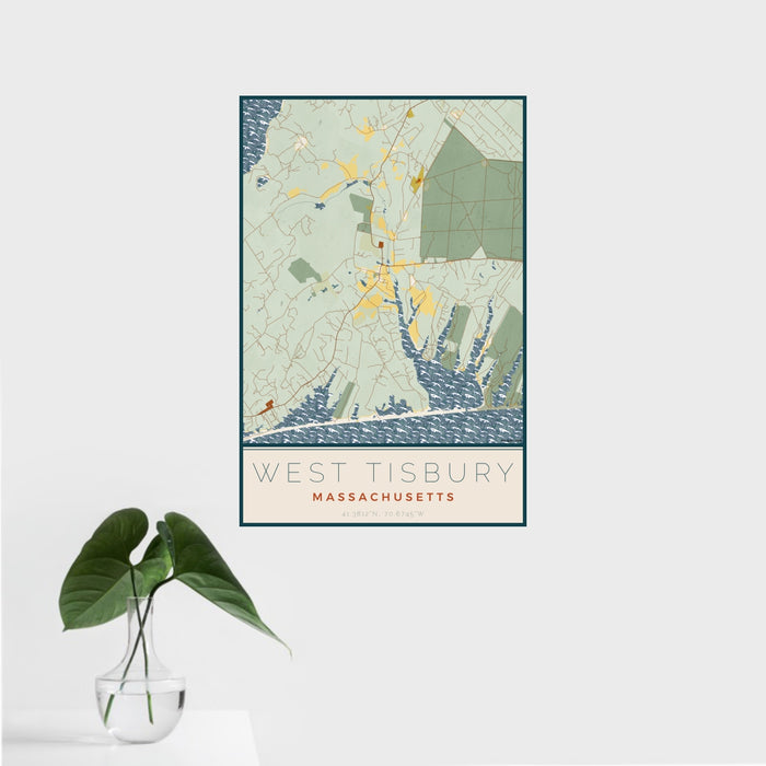 16x24 West Tisbury Massachusetts Map Print Portrait Orientation in Woodblock Style With Tropical Plant Leaves in Water