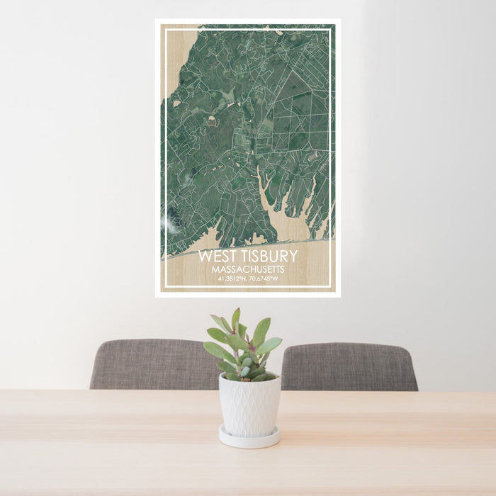 24x36 WEST TISBURY Massachusetts Map Print Portrait Orientation in Afternoon Style Behind 2 Chairs Table and Potted Plant