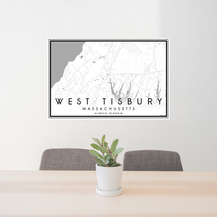 24x36 West Tisbury Massachusetts Map Print Lanscape Orientation in Classic Style Behind 2 Chairs Table and Potted Plant