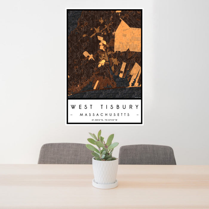 24x36 West Tisbury Massachusetts Map Print Portrait Orientation in Ember Style Behind 2 Chairs Table and Potted Plant