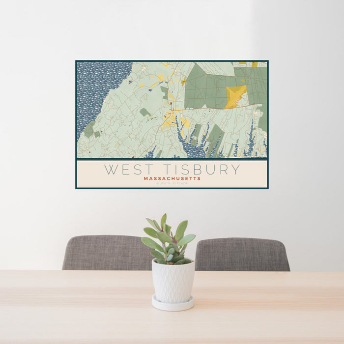 24x36 West Tisbury Massachusetts Map Print Lanscape Orientation in Woodblock Style Behind 2 Chairs Table and Potted Plant