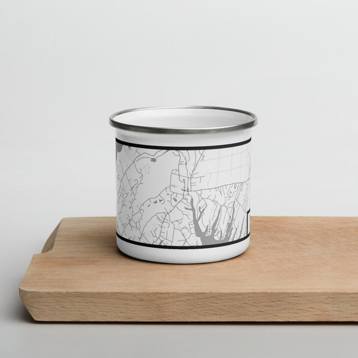 Front View Custom West Tisbury Massachusetts Map Enamel Mug in Classic on Cutting Board