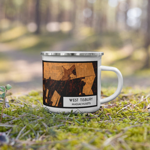 Right View Custom West Tisbury Massachusetts Map Enamel Mug in Ember on Grass With Trees in Background