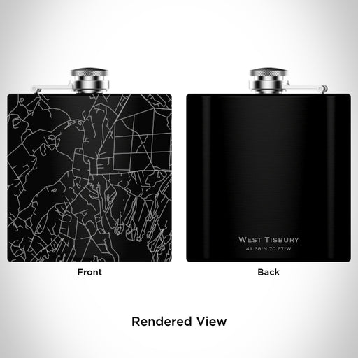 Rendered View of West Tisbury Massachusetts Map Engraving on 6oz Stainless Steel Flask in Black