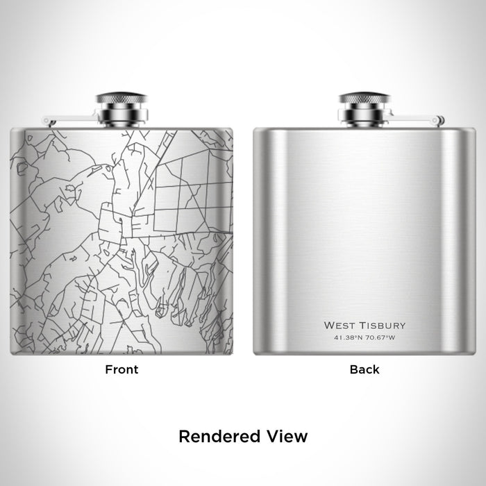 Rendered View of West Tisbury Massachusetts Map Engraving on 6oz Stainless Steel Flask