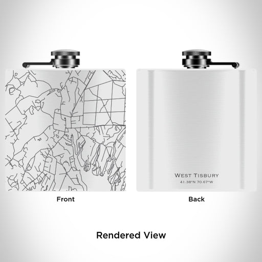 Rendered View of West Tisbury Massachusetts Map Engraving on 6oz Stainless Steel Flask in White