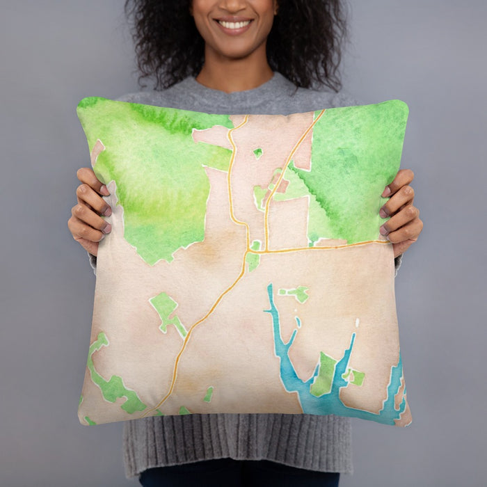 Person holding 18x18 Custom West Tisbury Massachusetts Map Throw Pillow in Watercolor