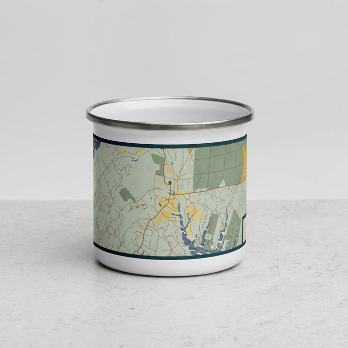 Front View Custom West Tisbury Massachusetts Map Enamel Mug in Woodblock