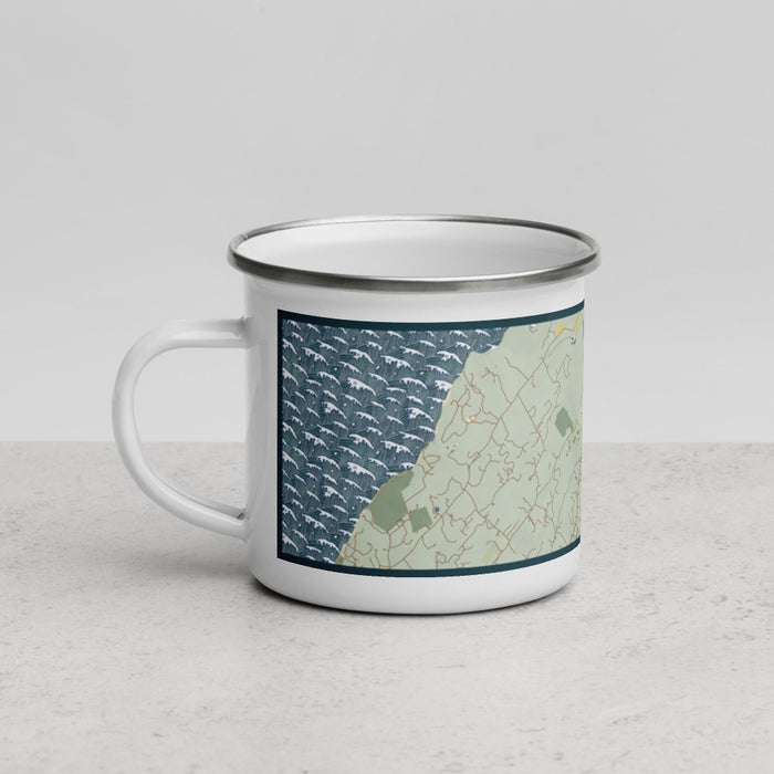 Left View Custom West Tisbury Massachusetts Map Enamel Mug in Woodblock
