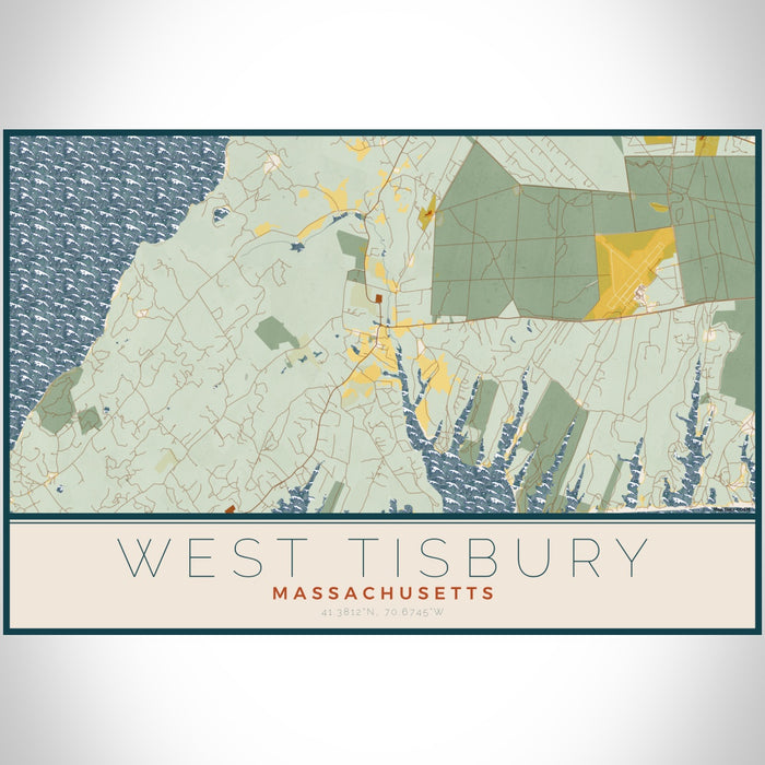 West Tisbury Massachusetts Map Print Landscape Orientation in Woodblock Style With Shaded Background