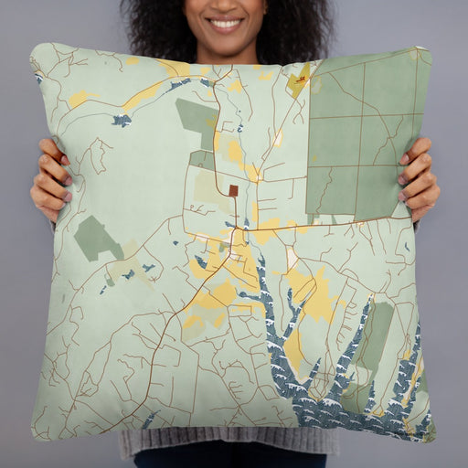 Person holding 22x22 Custom West Tisbury Massachusetts Map Throw Pillow in Woodblock