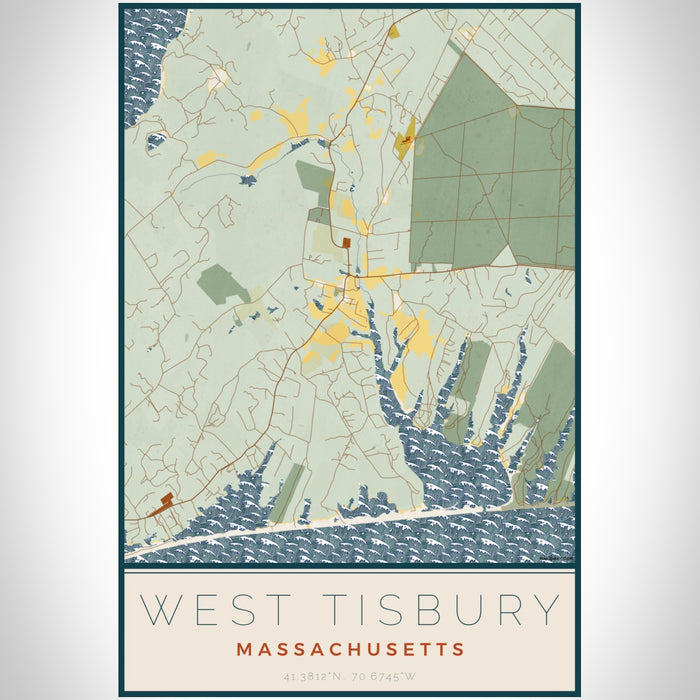 West Tisbury Massachusetts Map Print Portrait Orientation in Woodblock Style With Shaded Background