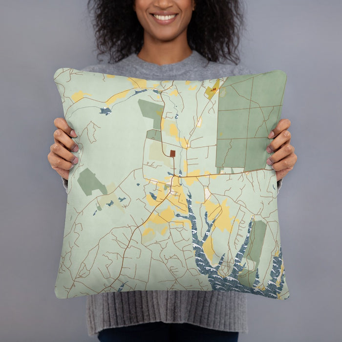 Person holding 18x18 Custom West Tisbury Massachusetts Map Throw Pillow in Woodblock