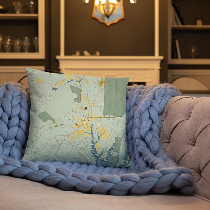 Custom West Tisbury Massachusetts Map Throw Pillow in Woodblock on Cream Colored Couch