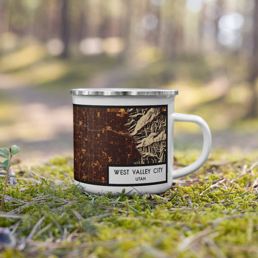 Right View Custom West Valley City Utah Map Enamel Mug in Ember on Grass With Trees in Background