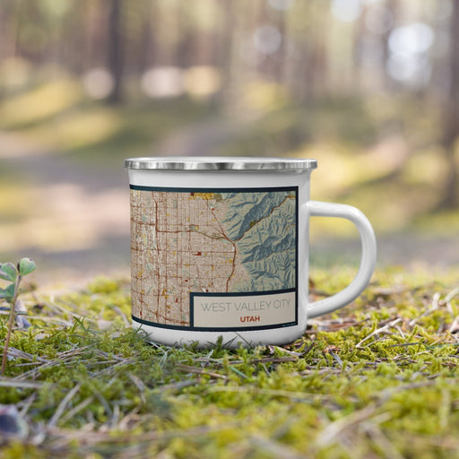 Right View Custom West Valley City Utah Map Enamel Mug in Woodblock on Grass With Trees in Background