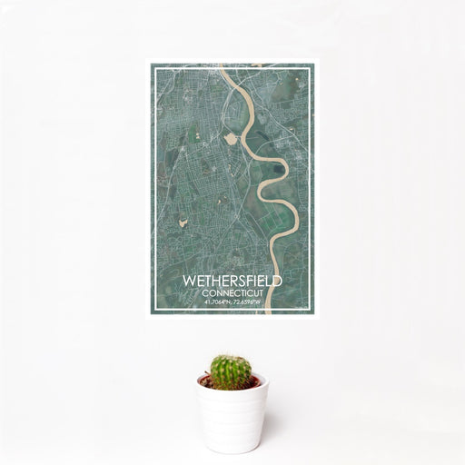 12x18 Wethersfield Connecticut Map Print Portrait Orientation in Afternoon Style With Small Cactus Plant in White Planter